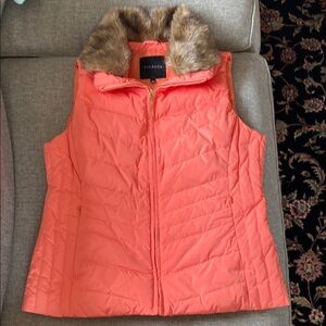 Talbots Pink and Brown Quilted Vest with Faux Fur Collar